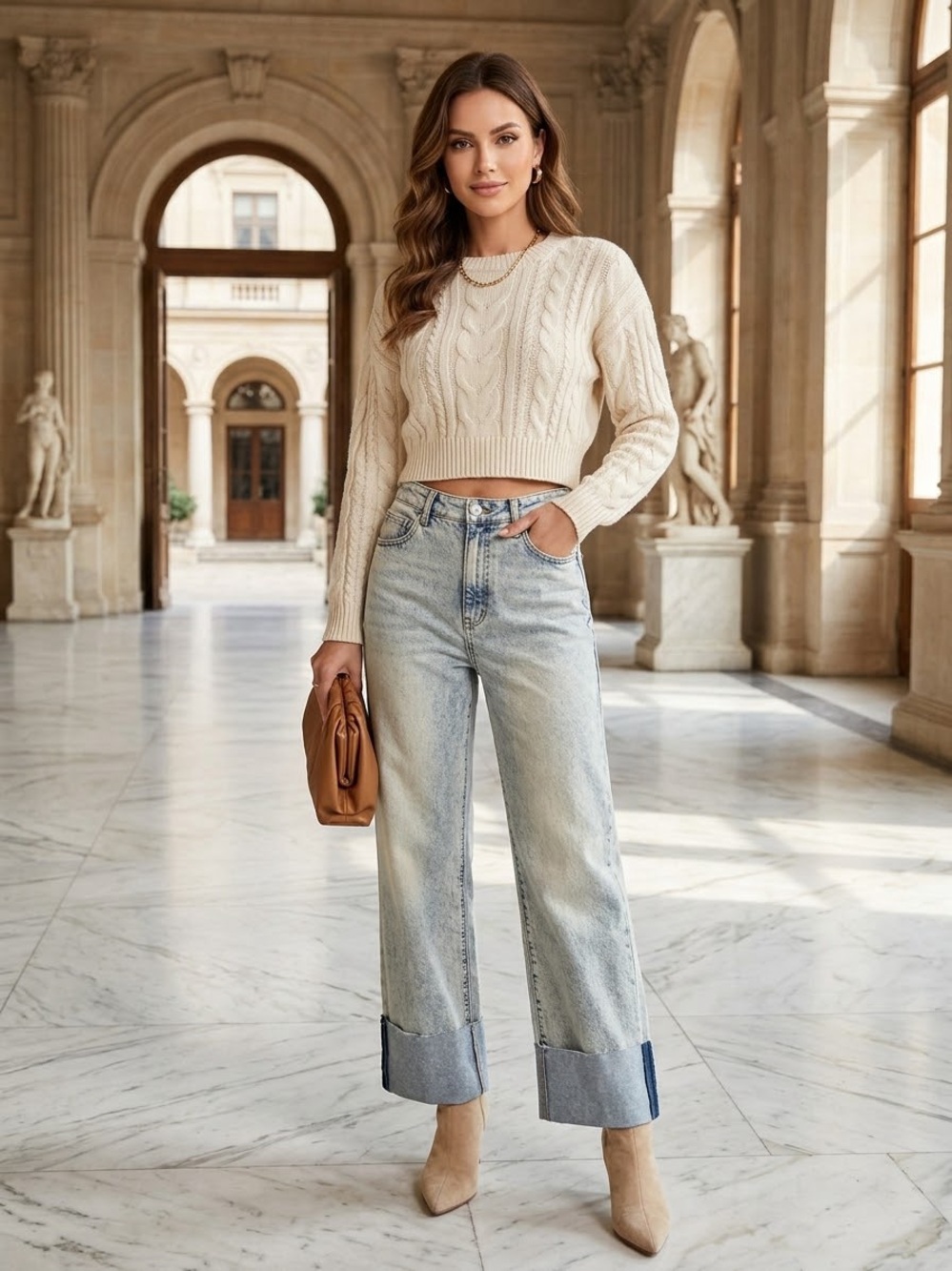 High-Rise Wide-Cuff Cropped Jeans in Light Blue